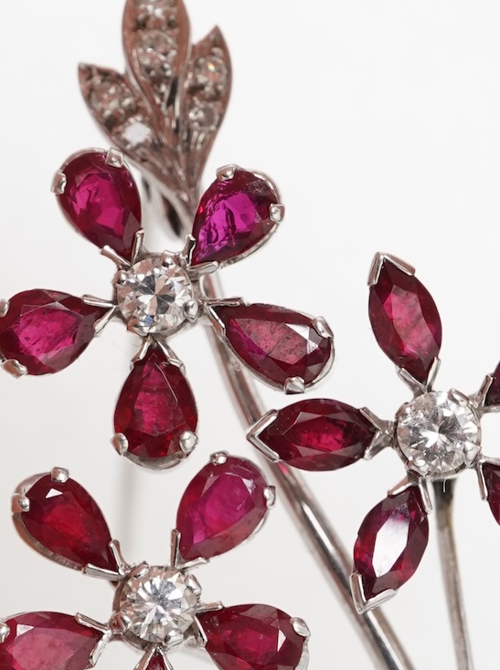 A ruby and diamond floral spray brooch